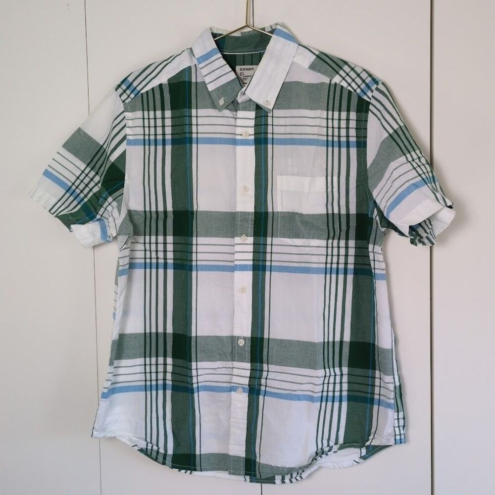 Old Navy Mens Large Button Up Shirt Green Plaid Short Sleeve Classic Fit